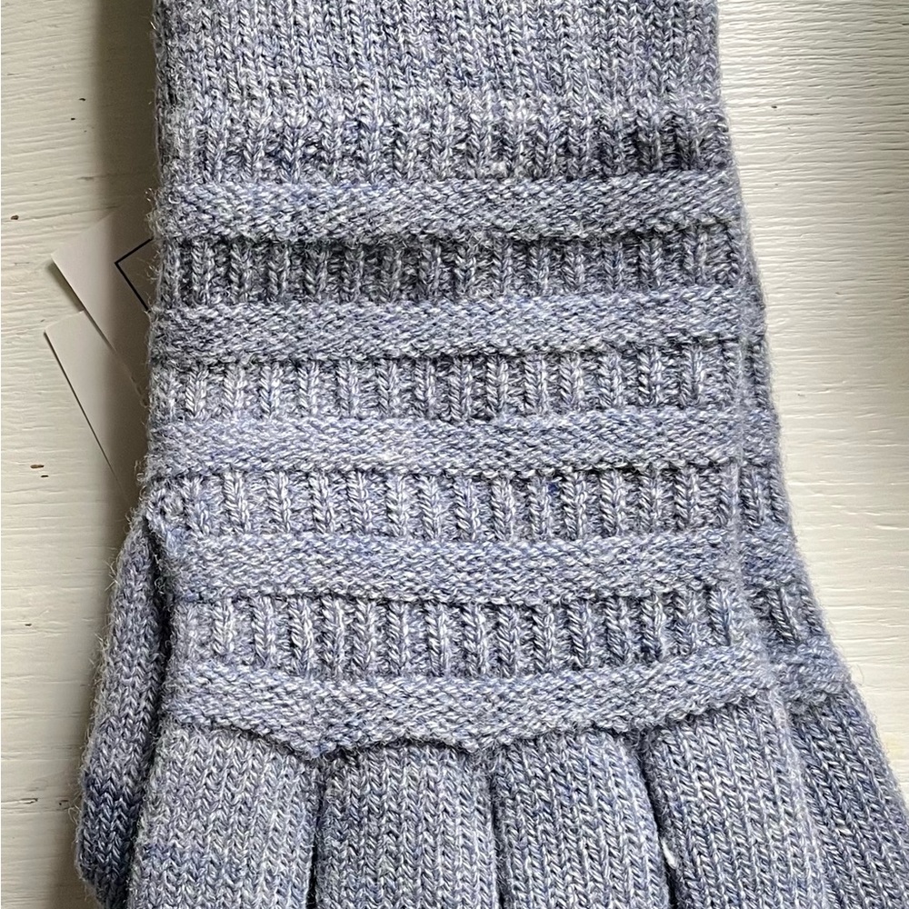 Knit blue gloves from Paper Store. Smart tip tech for compatible screen use.